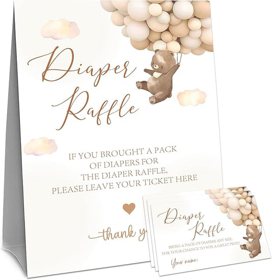 Baby Shower Diaper Raffle Game Set - Watercolor Teddy Bear 1 Standing Sign & 50 Diaper Raffel Tickets - Baby Announcement, Gender Reveal Party Activities & Decorations For Boys, Girls - A06