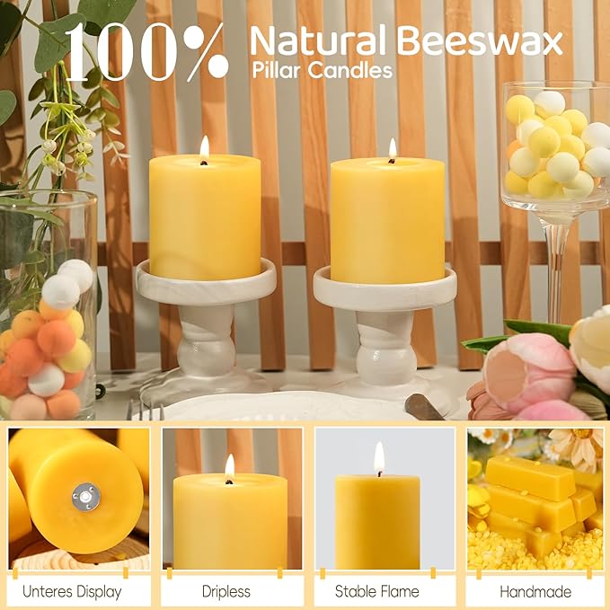 4 Pack 100% Pure Beeswax Candles,180 Hours Long Burning-Natural Beeswax Pillar Candles for Emergency,Unscented Bees Wax Candles for Home,Paryer,Parties,Pillar Candle Bulk 2.8x3in