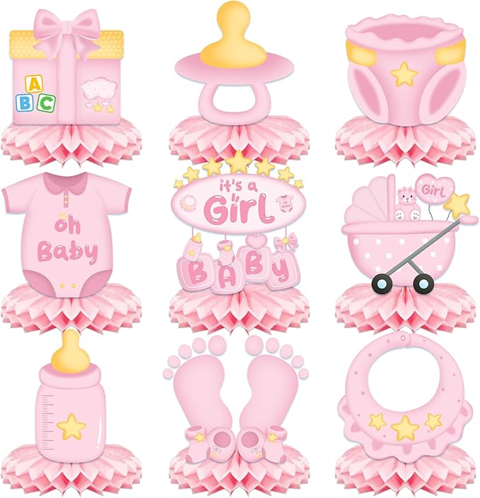 9Pcs Baby Shower Decorations Honeycomb Centerpieces for Girl, Cute Pattern It's a Girl Gender Reveal Table Centerpiece, Gender Reveal Party Supplies (Pink)