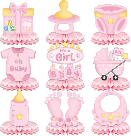 9Pcs Baby Shower Decorations Honeycomb Centerpieces for Girl, Cute Pattern It's a Girl Gender Reveal Table Centerpiece, Gender Reveal Party Supplies (Pink)