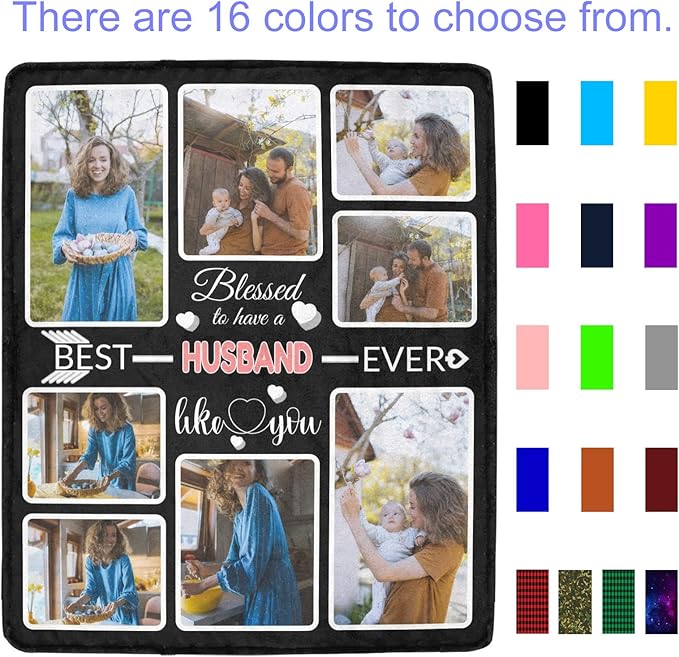 Custom Blanket Gifts for Husband, Customized Blankets with Photos, Make a Personalized Bed Throws to My Husband, Custom Souvenir Throw Blanket for Best Husband Ever, 8 Collages Made in USA