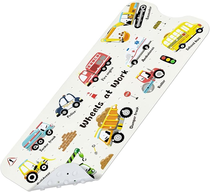 Baby Bath Mat for Tub, Non Slip Kids Bath Shower Mat, 40 X 16 Inch Large Bathtub Mat with Drain Holes and Suction Cups for Toddlers, Machine Washable and Waterproof (Excavator)