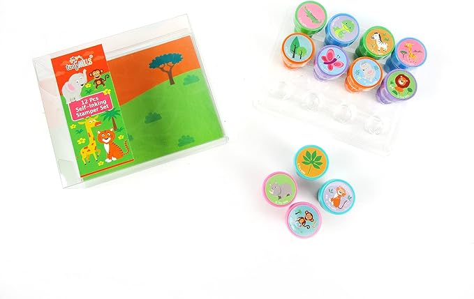 TINYMILLS 12 Pcs Safari Jungle Animals Stamp Kit for Kids Self Inking Stamps Gift Jungle Book Party Favor Bag Stuffer Teacher Stamps