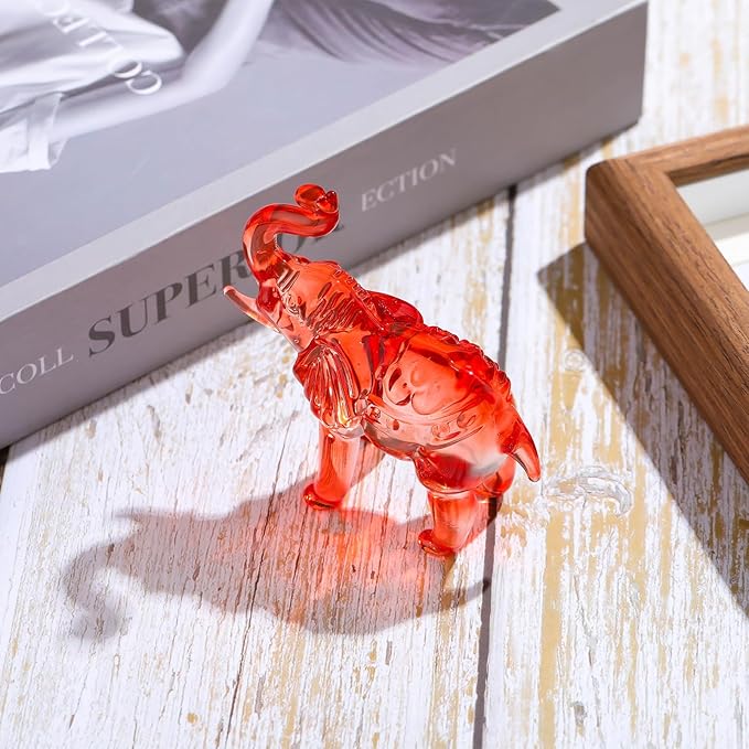 Crystal Elephant Figurine Home Decor, Glass Statue Gifts, Crystal Animals Collectible Tabletop Decoration Elephant Sculpture with Trunk Up (Red)