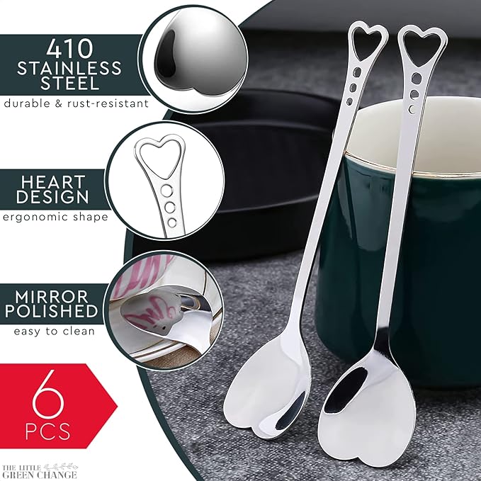 5.6'' Sugar Spoon - Heart Spoons for Coffee Set of 6 Stainless Steel Design, Valentines Spoons for Gifting – Cute Spoon for Coffee, Tea, Cocktails, Ice Cream and Desserts | Elegant Table Decor