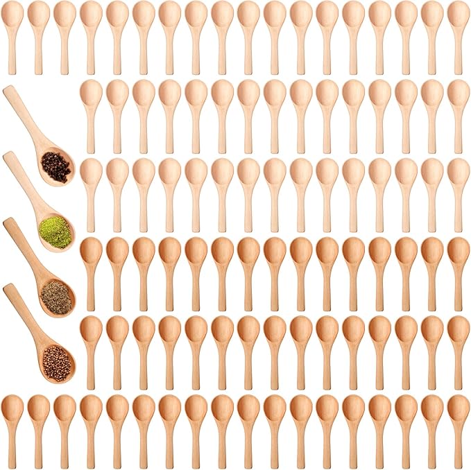 Boao 100 Pcs Small Wooden Spoons, 3.5'' L, Mini Wood Natural Tiny Spoons Wooden Little Teaspoons for Jars Sugar Creamer Honey Spices Salt Kitchen Supplies (Mix Color)
