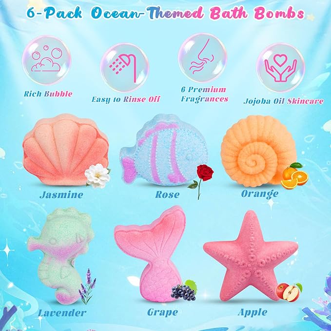Mermaid Bath Bombs for Girls Kids with Surprise Inside, 6PCS Organic Essential Oil Bubble Bath Bombs for Kids，Christmas Birthday Gift for 3-8 Mermaid Princess Party Favors