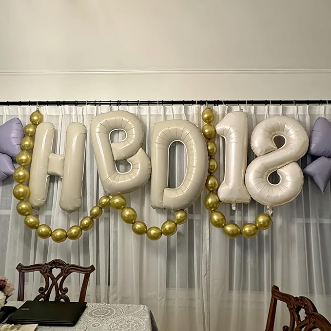 40 Inch Cream HBD Balloons for Boho Birthday Party Decorations, Giant Beige HBD Letter Foil Mylar Balloon Banner Helium Supported, Ivory White Sand Neutral Happy Birthday Sign for Girls Women Boys Men
