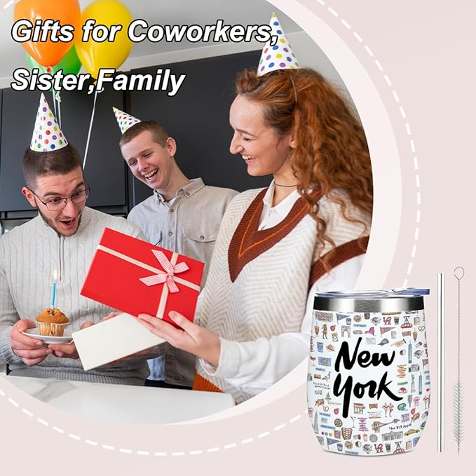 York Gifts Travel Souvenir Wine Tumbler 12 oz Insulated Wine Glass Cup with Lid Straw Vacuum Insulated Cup,Travel Lover Gifts for Women Men Friend Bestie Birthday Friendship Christmas