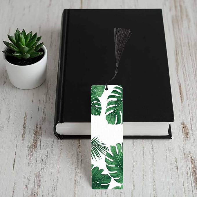 Tropical Leaves Bookmarks Set 5 with Tassels Summer Palm Green Leaf Wooden Bookmarks for Reading Women Men Students Teachers School Supplies