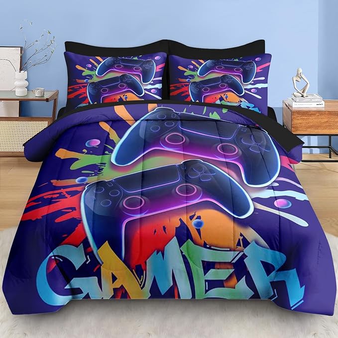 Comforter Set Queen Size, Game Graffiti 7 Pcs Bedding for Kids and Adults, Neon Geometric Gaming Bed Sheet Sets with Fitted Sheet 2 Pillowcase & 2 Sham for Bedroom Bed Decor