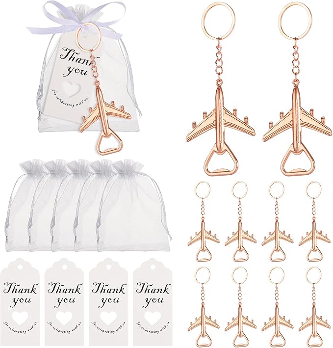 50PCS Rose Golden Airplane Bottle Opener Keychains for Wedding or Bridle Shower Favors,Baby Shower Gifts, Souvenirs to Guests Bluk