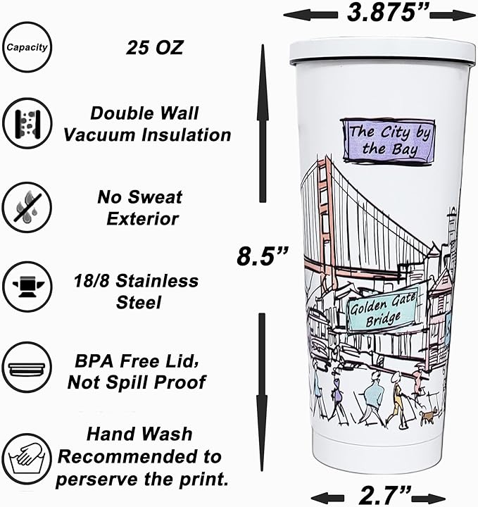 Cities Around the World 25 Oz Tumbler Series- Designed in the USA- Vacuum Insulated Tumbler with Lids Straw - Stainless Steel Coffee Water Travel Mug, Cup for Hot Cold Drink (San Francisco)