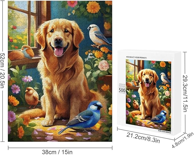 Wooden Puzzle - Garden Golden Retriever Jigsaw Puzzles，Wooden Puzzles for Adults 500 Pieces Challenge Puzzles，Educational Games，Family Puzzles，Unique Gifts for Wall Art