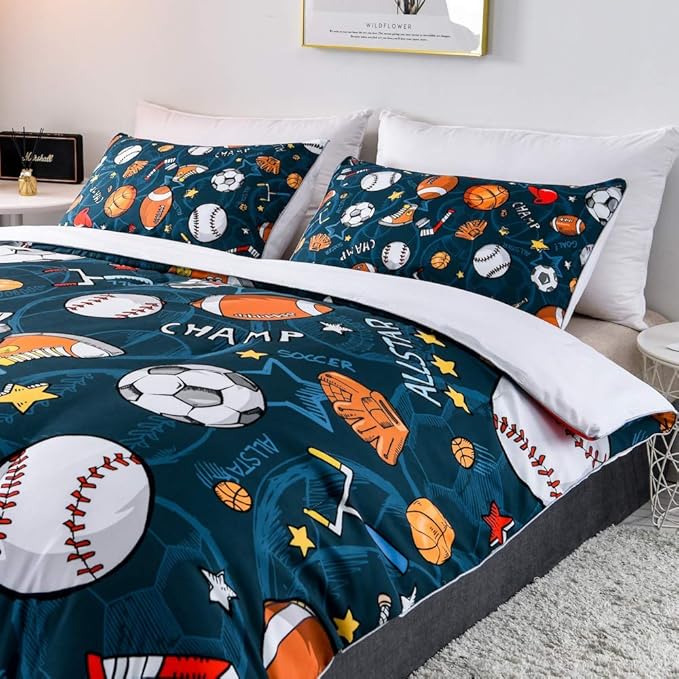 Sports Comforter Sets Bed in A Bag Queen Size,3D Soccer Basketball Baseball Football Theme Quilt Set for Kids Boys Children Fans Bedding Decorative