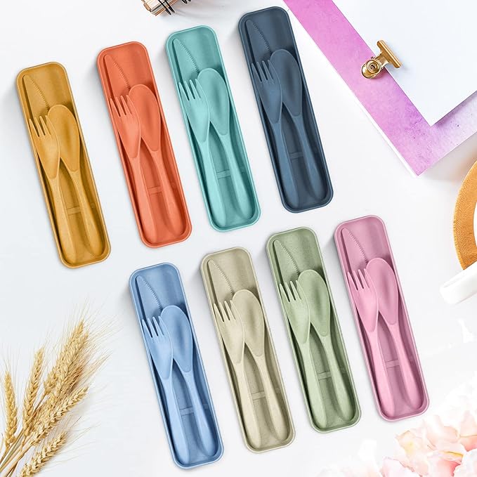 Yahenda 28 Sets Reusable Travel Utensils Set with Case Wheat Straw Cutlery Portable Spoon Knife Forks Plastic Tableware Lunch Box Accessories Bulk for Adults Travel Picnic Camping Utensils(Multicolor)