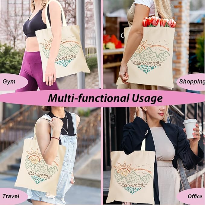 jeilink Cute Mountain Adventure Sunshine Canvas Tote Bag Camping Gifts Weekender Grocery Bags for Women Girls