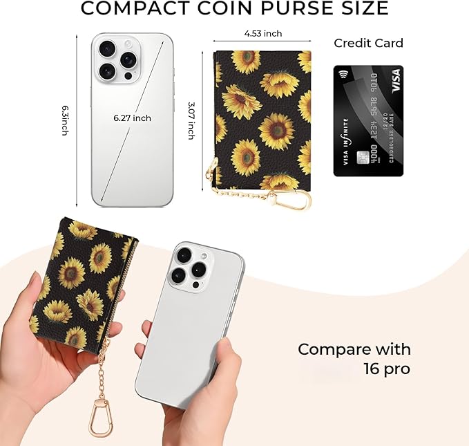 Sunflower Keychain Coin Purse for Women, Small PU Leather Change Pouch, Zipper Little Tiny Travel Wallet for Girls, Cute Kawaii Zip Pocket Coin Holder with Key Ring