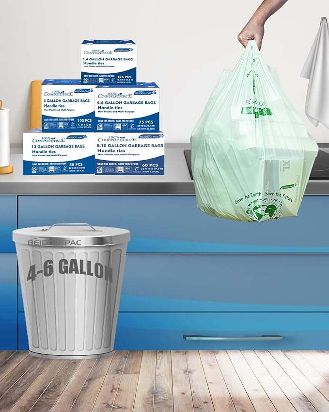 BEIDOU-PAC 4-6 Gallon Compostable Trash Bags, 75 Count, Kitchen Compost Bags With Handle, Sturdy Biodegradable Garbage for Food Scrap Waste, ASTM D6400, US BPI Certified