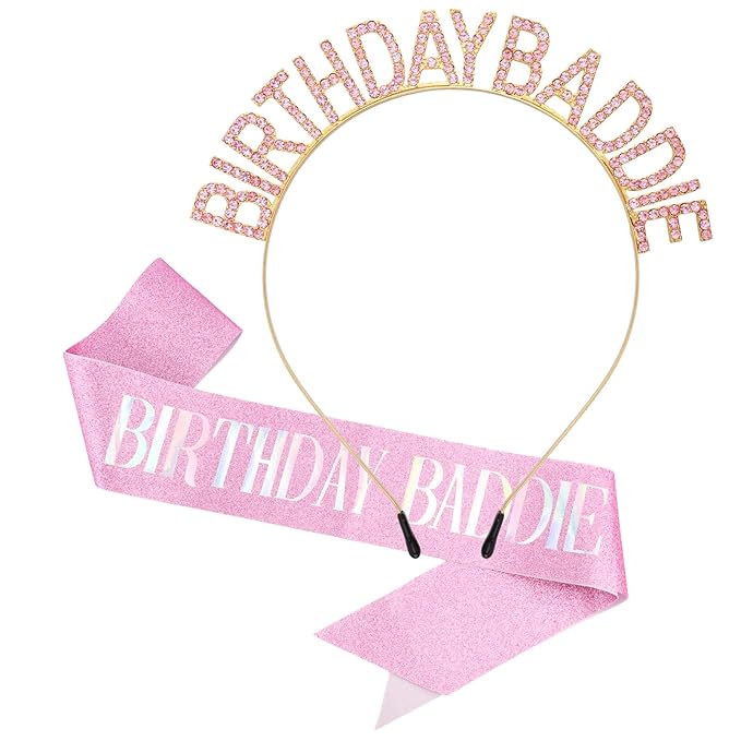 Canitor Birthday Baddie Sash Crown Set Birthday Gifts Party Favors Supplies Decorations & Accessories for Women Girl Adult Outfits Rhinestone Tiara Headband Soft Satin Sash