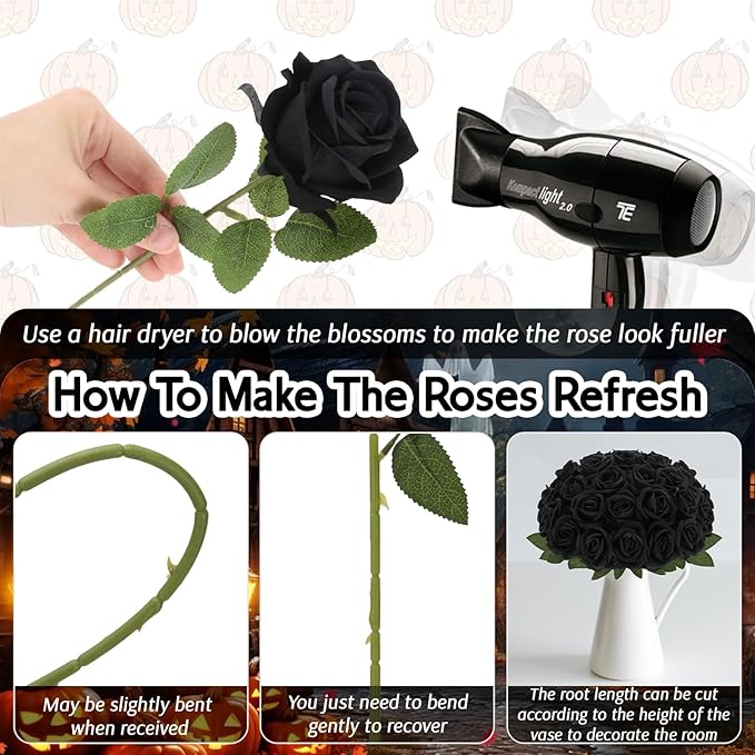 Roses Artificial Flowers, Black Flowers with Stem Valentine Anniversary Sympathy Memorial Gift, Fake Silk Roses Indoor Outdoor Decor for Funeral Wedding Birthday Party Christmas Halloween(24, Black)