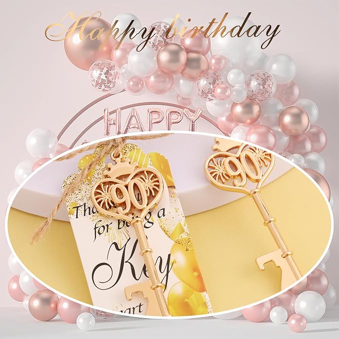 90 Birthday Party Favors Key Bottle Opener, 90th Beer Opener Keychain Favors for Guest with Organza Bags and Tags,Beer Keychain Bottle Openers for Birthday Party Decoration Supplies(gold-90)