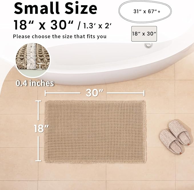 Waffle Bath Mat - Boho Bathroom Rugs Non Slip Washable, Super Absorbent & Quick Dry, Small Bath Mats Farmhouse Bathroom Decor, 18'' x 30'', Khaki