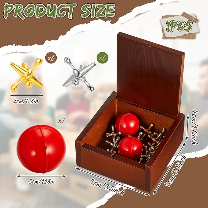 Gejoy 1 Pack Metal Jacks Set with 12 Metal Jacks and 2 Red Rubber Balls in Wooden Box Retro Jackstones Game for Adults Christmas End of Year Family Gatherings Gifts Birthday Party Favors
