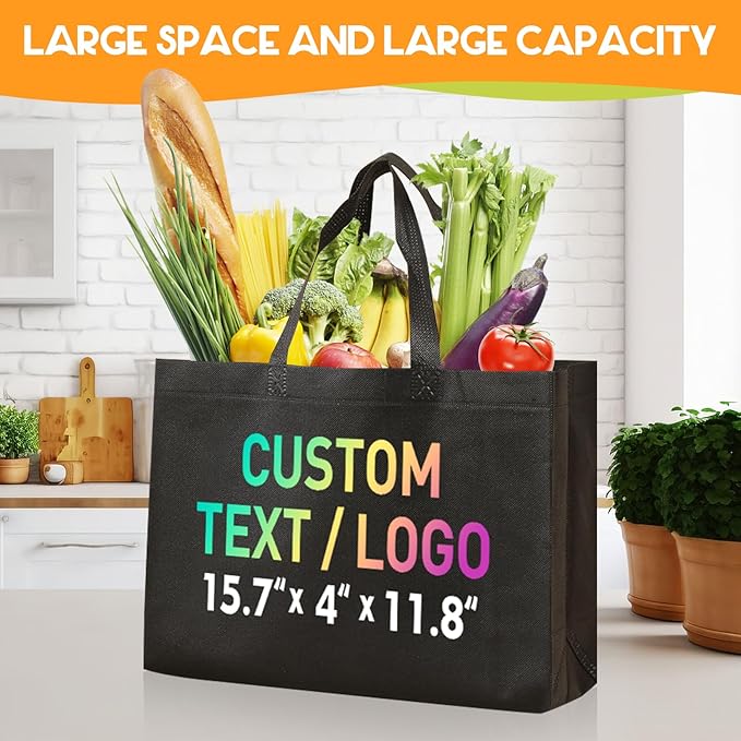 KQVXZZB Custom Reusable Grocery Bags with Logo & Text Printing 10/50/100PACK- Eco-Friendly Promotional Tote Bags for Businesses, Bulk Orders, Events, Retail (Durable/Washable/Multi-Use)