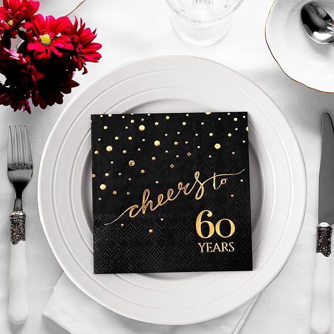 100 Pack of 60th Birthday Napkins, Cheers to 60 Cocktail 5x5 Inches Party Paper Napkins for Birthday Decorations Wedding Anniversary Black and Gold, 3-Ply
