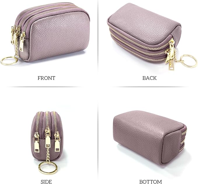 LINNO 3 Zippered Genuine Leather Coin Purse Triple Capacity Change Pouch Little Travel Wallet With Key Ring for Women