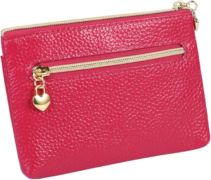 Women's Genuine Leather Coin Purse Zipper Pocket Size Pouch Change Wallet, Rose