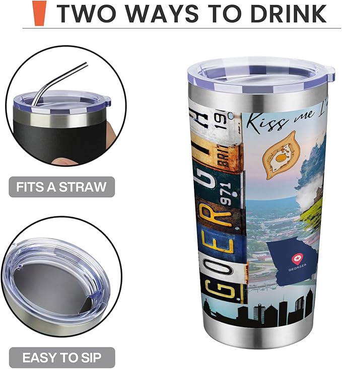 20oz Insulated Tumbler Georgia State Coffee Mug, United States Map Travel Mug Landmark, Birthday Gifts Cute Custom Tumbler Cups with Lid and Straw Mothers Day Gifts