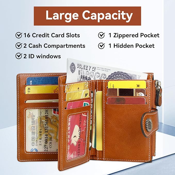Women's Small Genuine Leather Bifold Wallet Large Capacity RFID Blocking with 16 Card Slots 2 ID Windows and Zipper Coin Pocket Pink (Brown)