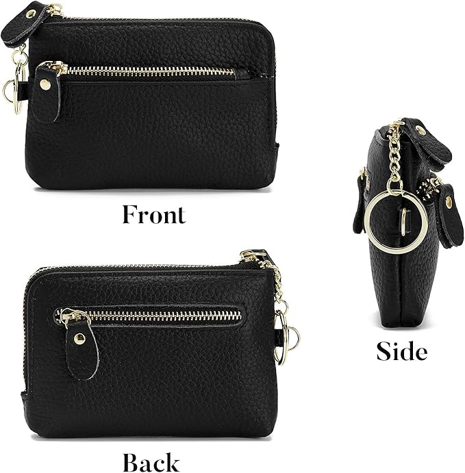 Genuine Leather Coin Purse for Women with Large Opening & Wrist Strap Navy (Black)