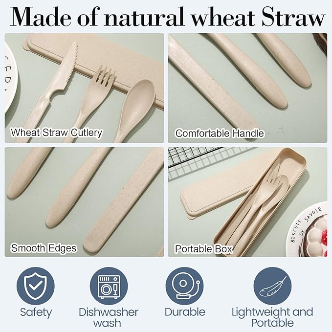 Yahenda 28 Sets Reusable Travel Utensils Set with Case Wheat Straw Cutlery Portable Spoon Knife Forks Plastic Tableware Lunch Box Accessories Bulk for Adults Travel Picnic Camping Utensils(Multicolor)