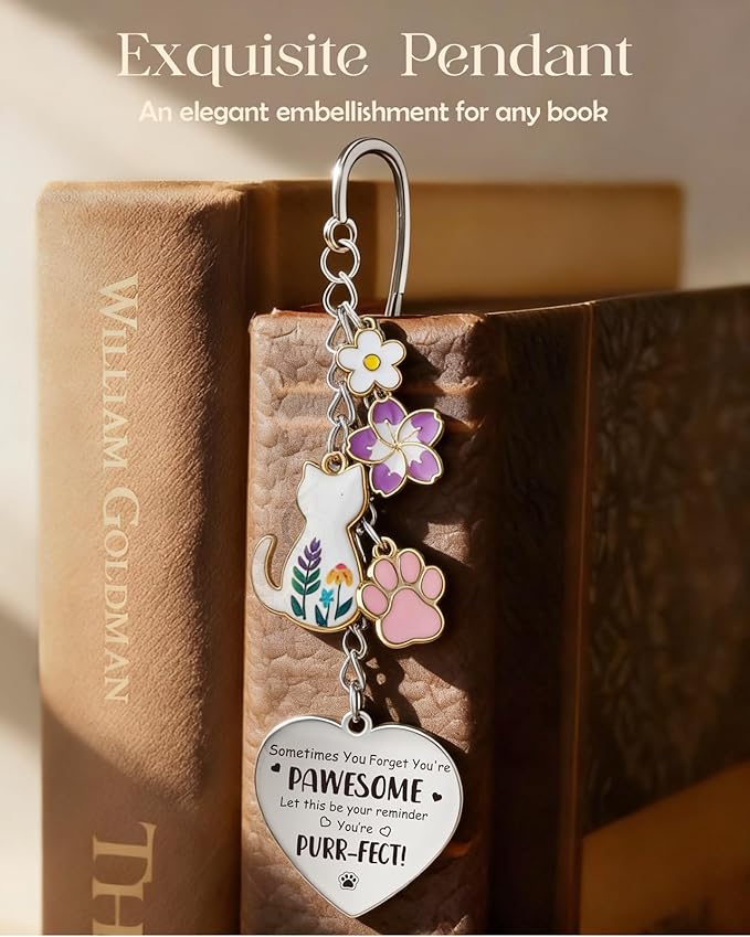 Buleens Bookmarks for Women Reading - Book Marks for Readers Book Lovers, Cute Feather Cat Paw Flower Personalized Metal Bookmark with Pendants, Pretty and Aesthetic Book Accessories Reading Gifts