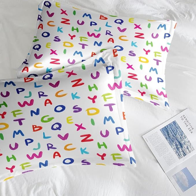 Comforter Set Full Size, Kids Colorful Alphabet 7 Pcs Bedding for Kids and Adults, Multicolored English Preschool Bed Sheet Sets with Fitted Sheet 2 Pillowcases & 2 Shams for Bedroom Bed Decor