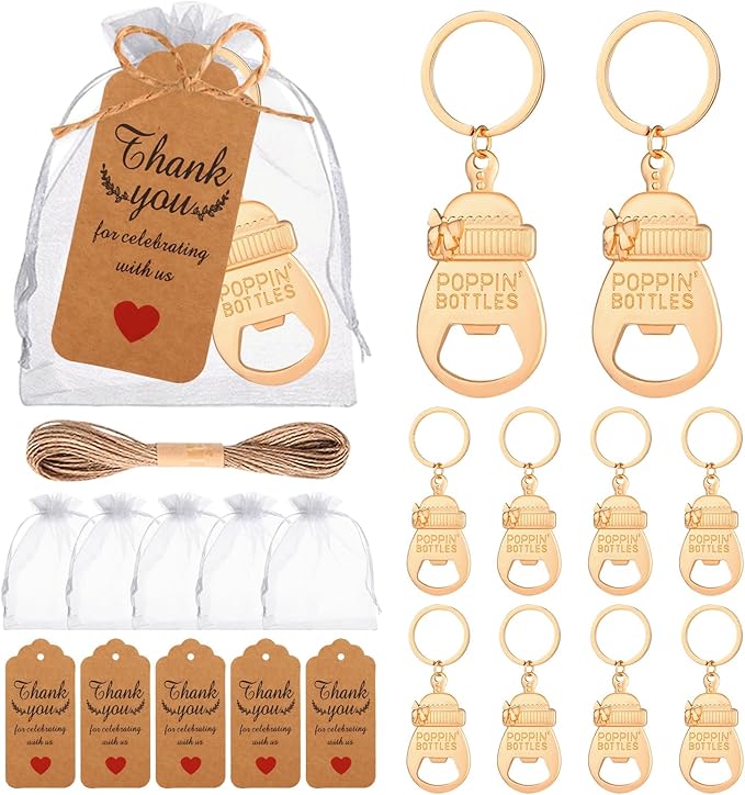 50Pcs Popping Bottle Openers Baby Shower Return Favors for Guests Bottle Opener Decorations and Souvenirs Baby Bottle Shaped Bottle Opener with Organza Bags Thank You Tags for Theme Decoration