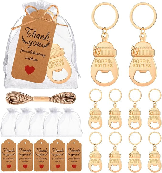 50Pcs Popping Bottle Openers Baby Shower Return Favors for Guests Bottle Opener Decorations and Souvenirs Baby Bottle Shaped Bottle Opener with Organza Bags Thank You Tags for Theme Decoration