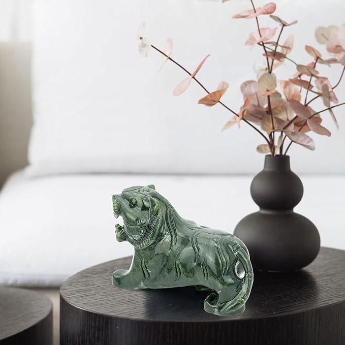 gemshan Handmade Tiger Statue Collectible - Natural Jade Tiger Sculpture for Home Decor Wild Animal Figure Collection Art Carved Figurine Decorative Sculpture Tabletop Home Decor
