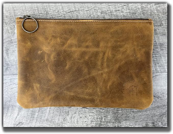 Leather Pouch with Zipper (Tobacco, 10.5" x 7")