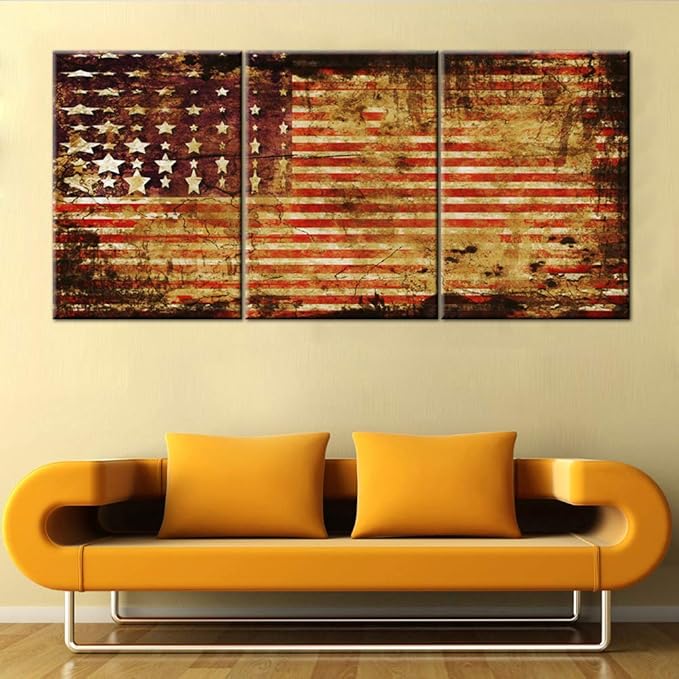 Native American Decor Grunge USA Flag Picture Patriotic Paintings Stars Stripes Wall Art 3 Piece Printed on Canvas Modern Artwork for Home Framed Stretched Ready to Hang in Living Room(42''Wx20''H)