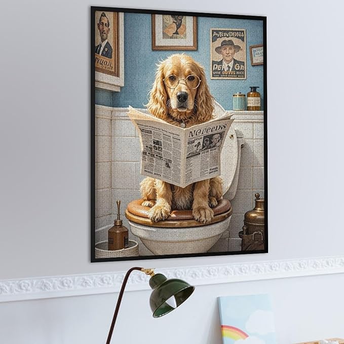 Funny Wooden Puzzle - Goldendoodle on Toilet Reading Newspaper Puzzle for Adult 1000 Piece，Wooden Jigsaw Puzzles Art Leisure Game Fun Suitable Family Friends Educational Learning Games Gift