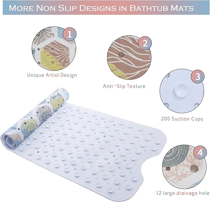 Starfish Bathtub Mat Non Slip for Kids 40x16in Extra Long Anti Slip Geometry Bath Mat for Tub Abstract Bath Shower Mat with Large Drain Holes and Suction Cups Quality Honeycomb Design Bathroom Decor