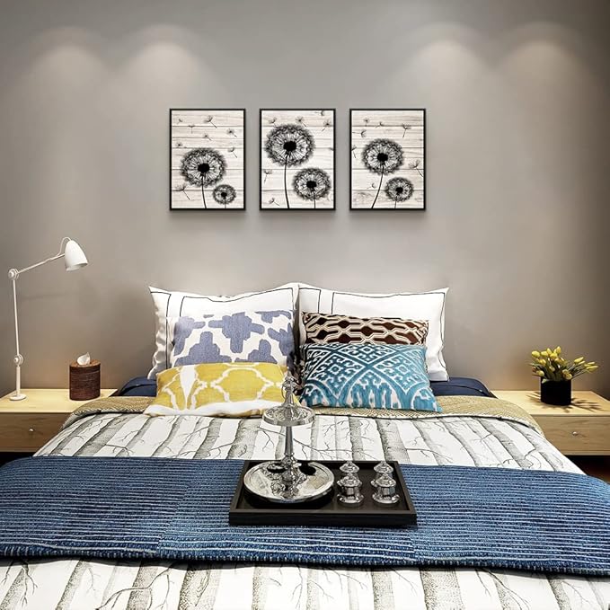 Framed Wall Art For Living Room Wall Decor For Bedroom Fashion Office Decor Abstract Wall Painting Black Dandelion Flowers Hang a Pictures Artwork Kitchen Home Decoration 3 Piece Black Wood Framed