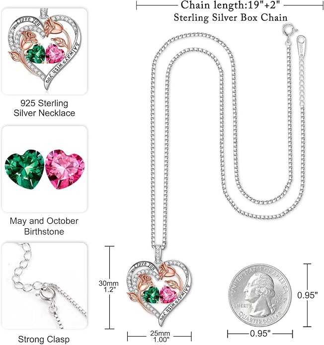 Iefil Valentines Day Gifts for Her - 925 Sterling Silver Rose Heart Birthstone Necklace Birthday Anniversary Jewelry Gifts for Her Wife Mom Daughter