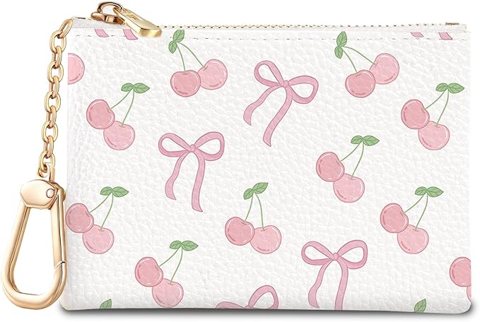 Coquette Bow Keychain Cute Coin Purse for Women, Small PU Leather Change Pouch, Zipper Little Tiny Travel Wallet for Girls, Kawaii Zip Pocket Coin Holder with Key Ring