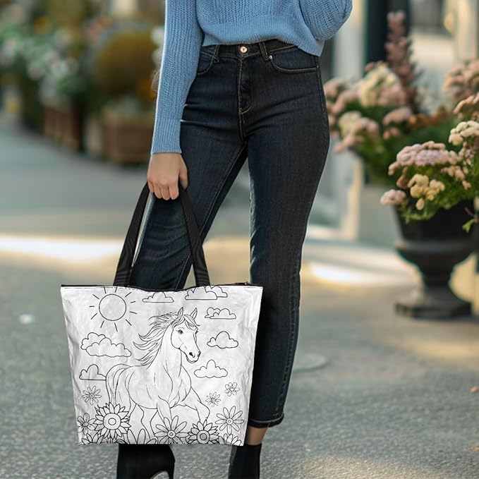 Cartoon Animal Printed DIY Coloring Tote Bag Waterproof Paper Handbags for Women Large Travel Shoulder Bags Purses