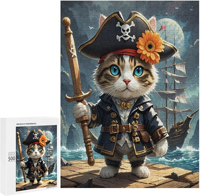 Wooden Puzzle - Classic Pirate Cat Leader Jigsaw Puzzles，Wooden Puzzles for Adults 500 Pieces Challenge Puzzles，Educational Games，Family Puzzles，Unique Gifts for Wall Art